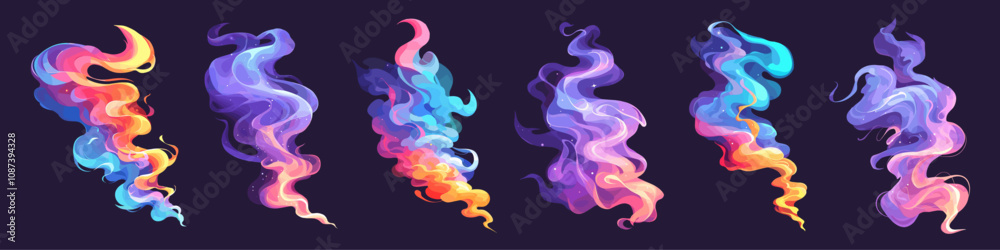 colored smoke cartoon set. rainbow fire on dark background, spectrum bright multicolored energetic air steam design element vector illustration