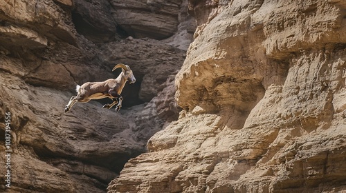 A wild goat leaps across a rocky canyon.