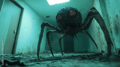 An intimidating spider-like creature with massive eyes and menacing appearance crawls through a decrepit hallway, evoking fear and fascination. photo