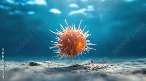 A lone, spiky sea creature floats peacefully just above the ocean floor, showcasing the mysterious and serene beauty of marine life in its natural habitat. photo