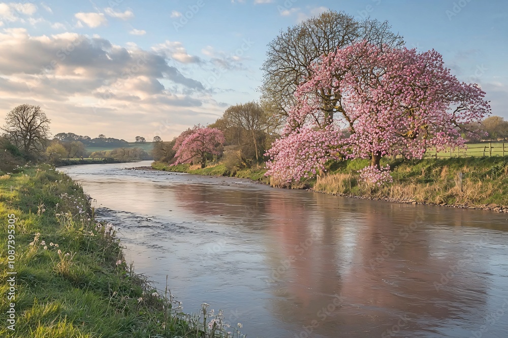 Serene Spring River Landscape with Blossoming Trees Serene Spring River Landscape with Blossoming Trees