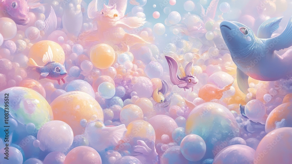 A whimsical scene filled with pastel bubbles and playful creatures, creating a dreamy underwater fantasy. A whimsical scene filled with pastel bubbles and playful creatures, creating a dreamy underwater fantasy.