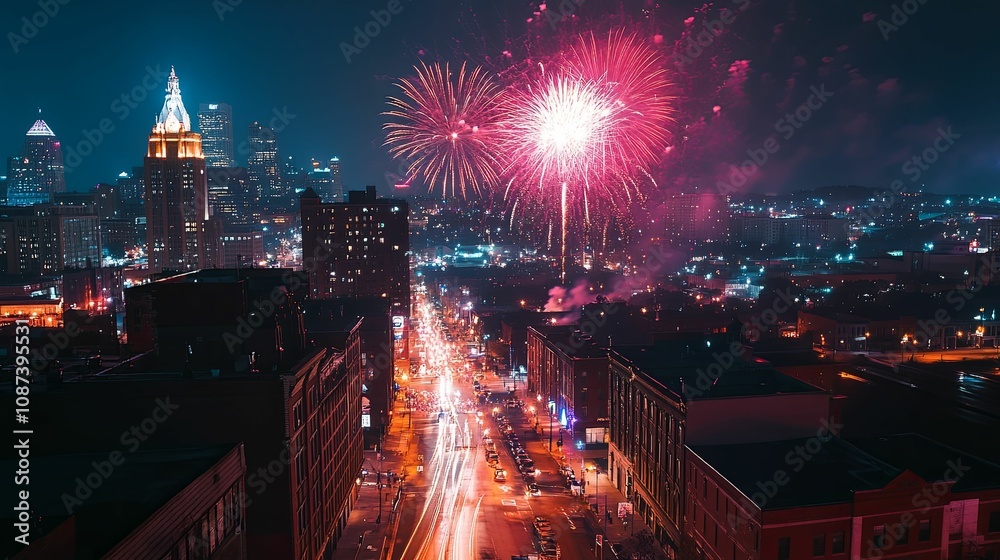 Cityscape Fireworks Display Over Nighttime Urban Streets Cityscape Fireworks Display Over Nighttime Urban Streets