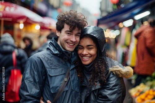 Portrait of a cheerful mixed race couple in their 20s wearing a windproof softshell isolated in bustling urban market