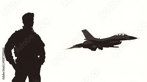 Silhouette of a Soldier Standing Proudly with Fighter Jet in the Background Against a Light Cream Background, Symbolizing Courage and Aviation Excellence