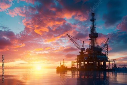 Dramatic Sunset Over Oil Rig in Ocean, Capturing Silhouettes of Drilling Equipment Against Vibrant Sky with Clouds Reflecting Colors at Dusk