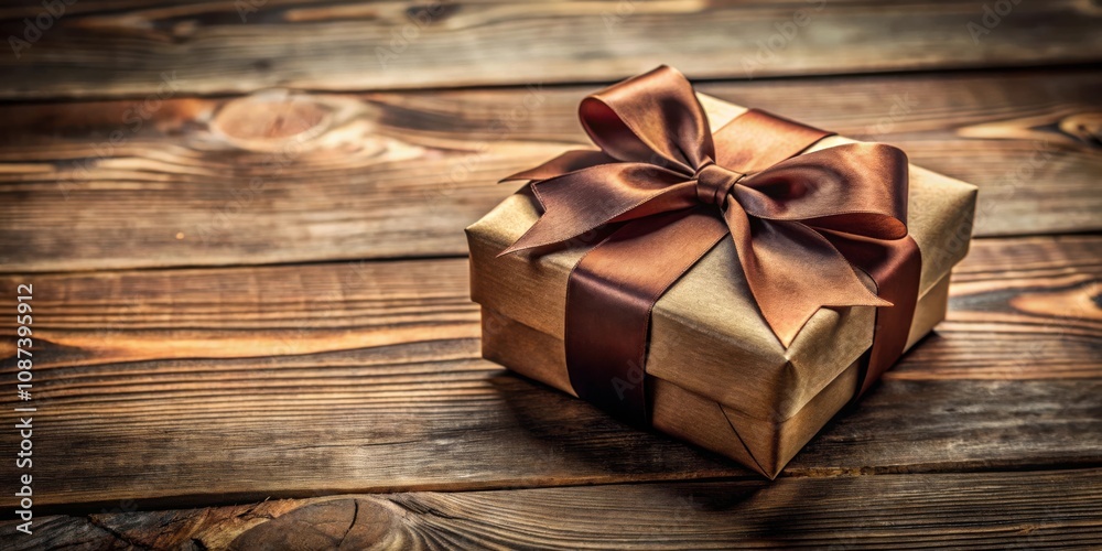 A rustic brown gift box with a satin ribbon bow resting on a weathered wooden surface. A rustic brown gift box with a satin ribbon bow resting on a weathered wooden surface.