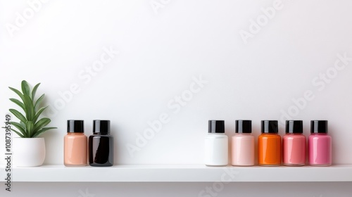 Wallpaper Mural A series of colored bottles positioned on a plain white shelf, showcasing a minimalist aesthetic balanced with diverse hues, complete with green plant decor. Torontodigital.ca