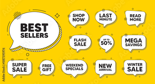 Offer speech bubble icons. Best sellers tag. Special offer price sign. Advertising discounts symbol. Best sellers chat offer. Speech bubble discount banner. Text box balloon. Vector