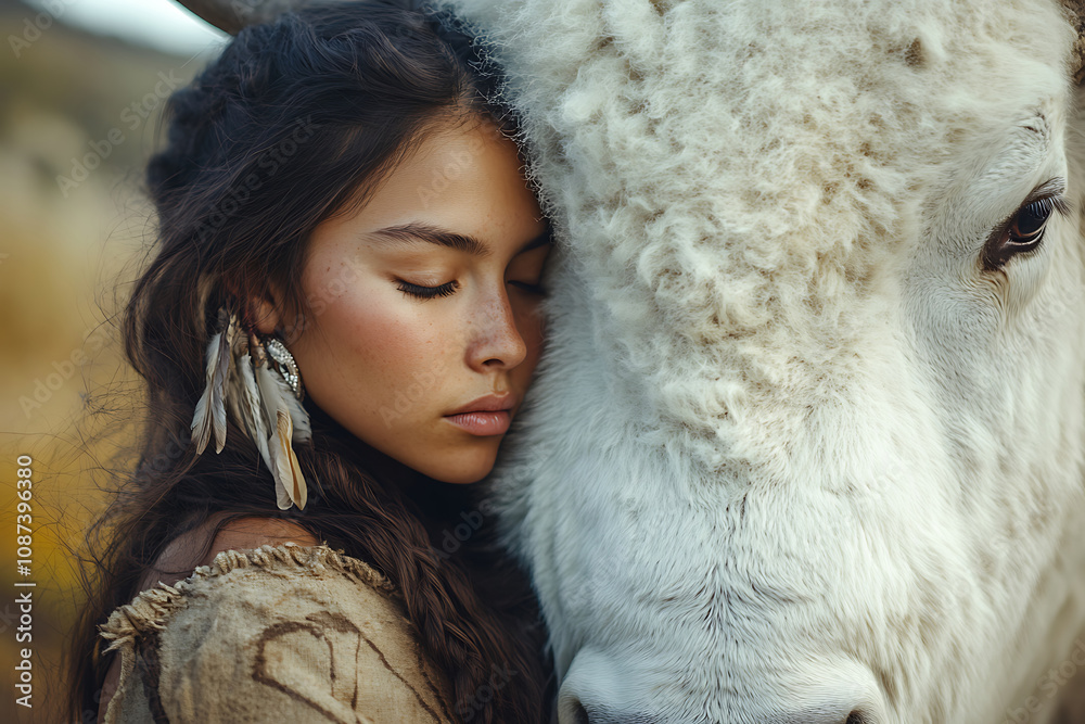 Close up portrait of a beautiful native american woman and a white bison Close up portrait of a beautiful native american woman and a white bison