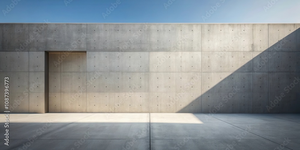 Modern Minimalist Concrete Wall With Square Panels And A Rectangular Opening Under A Bright Blue Sky Modern Minimalist Concrete Wall With Square Panels And A Rectangular Opening Under A Bright Blue Sky