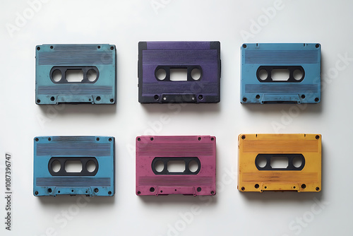Collection set of old audio cassette tapes isolated on white background