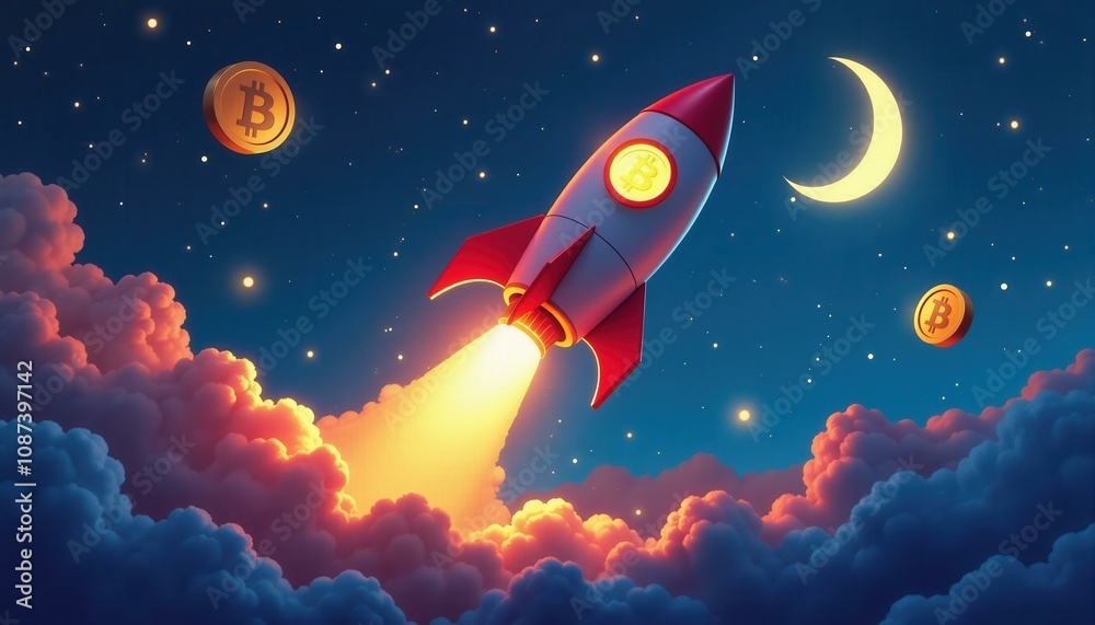 Naklejka premium Bitcoin Rocket Launching to the Moon at Night, Cryptocurrency Investment and Success Concept.