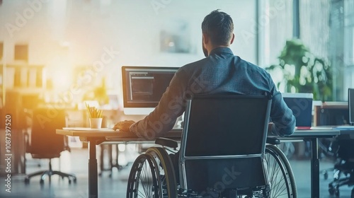 A professional with a disability working at a desk in an inclusive office environment, using adaptive technology