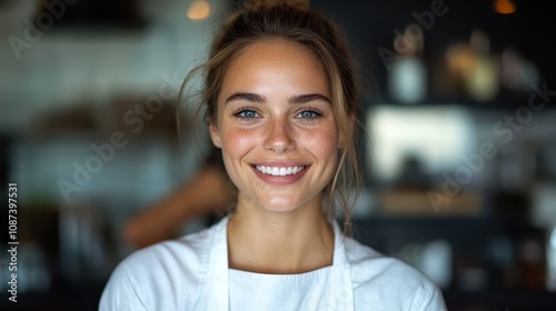 A cheerful woman wearing a white apron smiles warmly with a blurred background, highlighting her bright eyes and friendly expression in a lively setting.