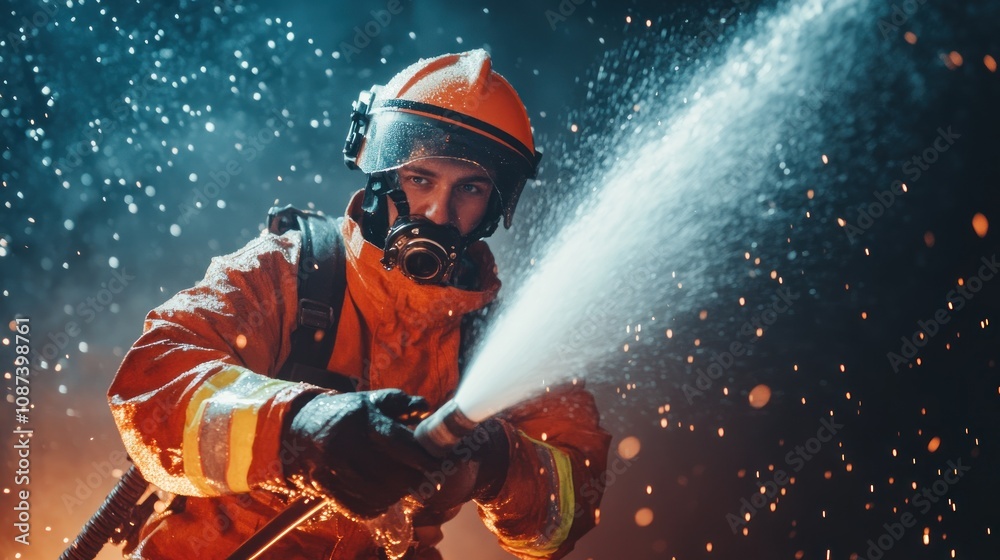 Firefighter bravely battling intense blaze with water hose Firefighter bravely battling intense blaze with water hose