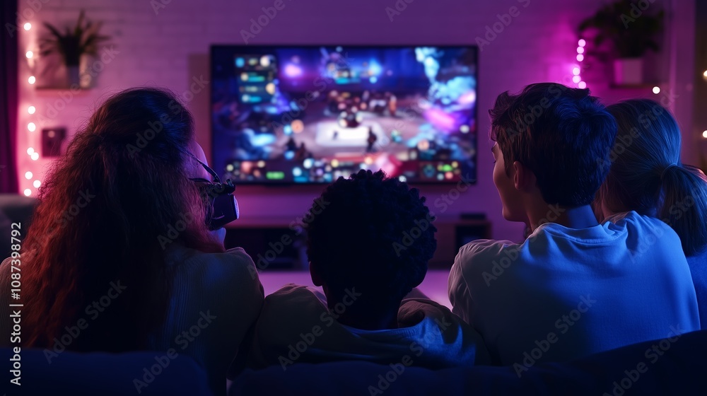 Four friends gaming late at night, their faces glowing in purple and blue light from the vibrant screen Four friends gaming late at night, their faces glowing in purple and blue light from the vibrant screen