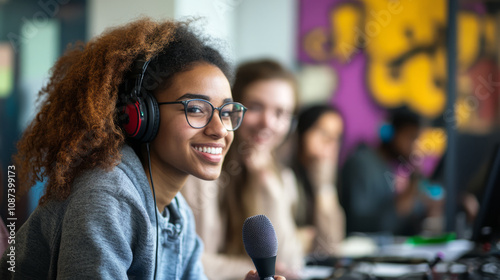 Community radio station with a diverse group of volunteers hosting a lively discussion, microphones, and soundboards in the background