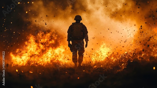 Soldier Walking Through Flames at Dusk with Dramatic Smoke and Fire in a War-Torn Landscape, Symbolizing Courage, Strength, and Resilience