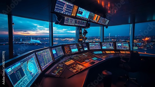 Airport Control Tower Evening Operations View