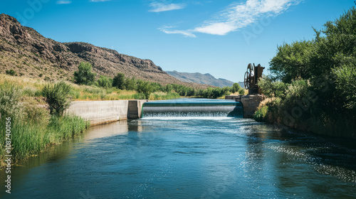 Small-scale hydroelectric system on a serene river, with a turbine generating clean energy for nearby homes photo