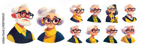 elderly people avatar. grandfather and grandmother in yellow sweater portrait cartoon, sunglasses stylish old age gray hair smile set vector illustration