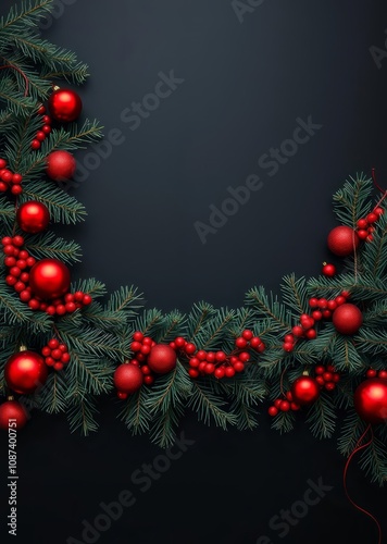 Christmas frame with fir branches red balls garland on black background space for text view from above flat lay christmas wreath decoration holiday frame photo