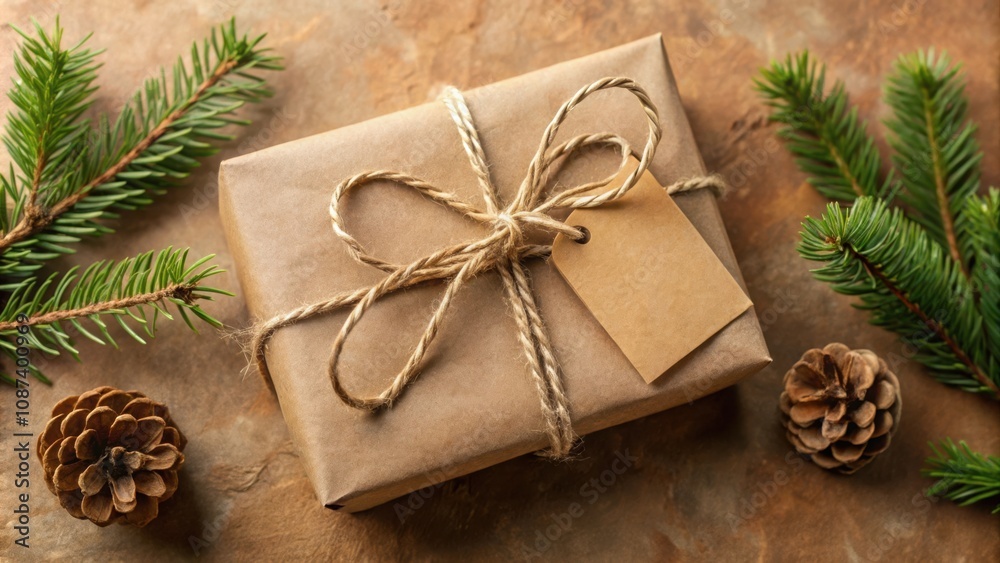 A simple brown paper gift wrapped with twine and a blank tag, adorned with pine branches and pine cones, evokes the rustic charm of a handmade present. A simple brown paper gift wrapped with twine and a blank tag, adorned with pine branches and pine cones, evokes the rustic charm of a handmade present.