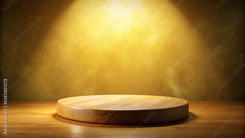 A circular wooden platform rests on a wooden tabletop, illuminated by a soft golden light against a textured backdrop. A circular wooden platform rests on a wooden tabletop, illuminated by a soft golden light against a textured backdrop.