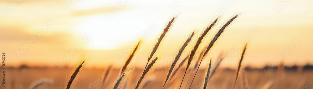 Natural relaxation and meditation refresh for mind. Golden grass swaying in the breeze under a sunset sky.