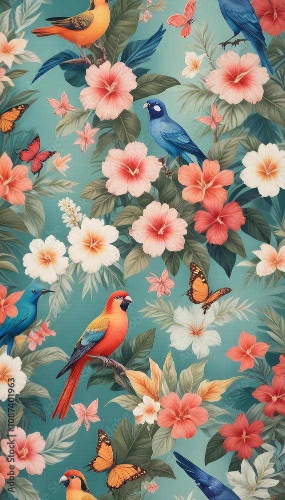 Tropical exotic pattern with animal and flowers in bright colors and lush vegetation Tropical exotic pattern with animal and flowers in bright colors and lush vegetation