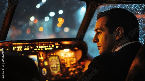 Pilot Contemplating Night Flight Through City Lights