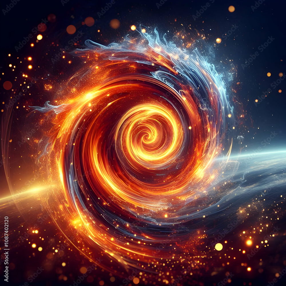 Obraz premium Abstract fire swirl with glowing sparks concept as A dynamic scene with a swirling fire vortex enhanced with glowing embers. Captures energy and motion in a glossy futuristic setting. in Photo Stock 