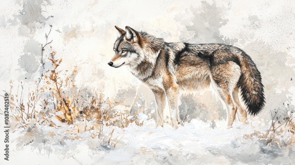 Fototapeta premium A Majestic Wolf Standing Still in the Snow, Showcasing Its Beautiful Fur Color Changes Amidst a Serene Winter Landscape Full of Delicate Natural Elements