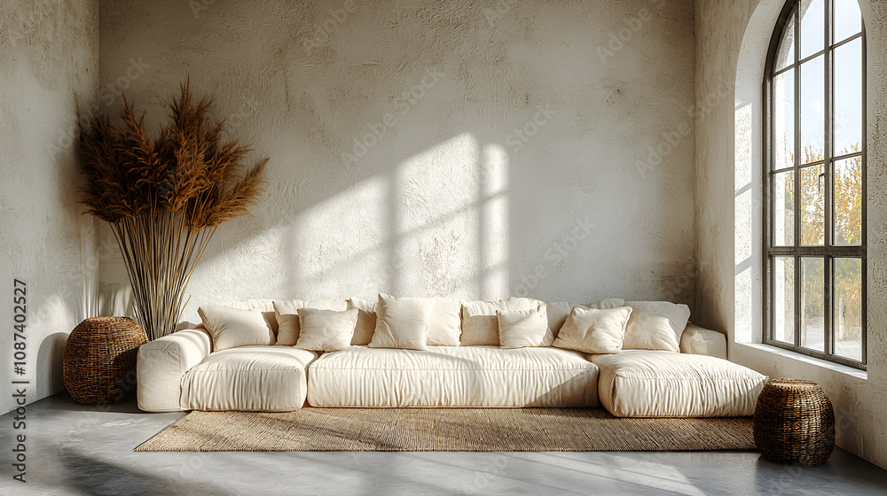 Fototapeta premium Bohemian Chic Living Room: Beige Sofa, Pampas Grass & Natural Decor