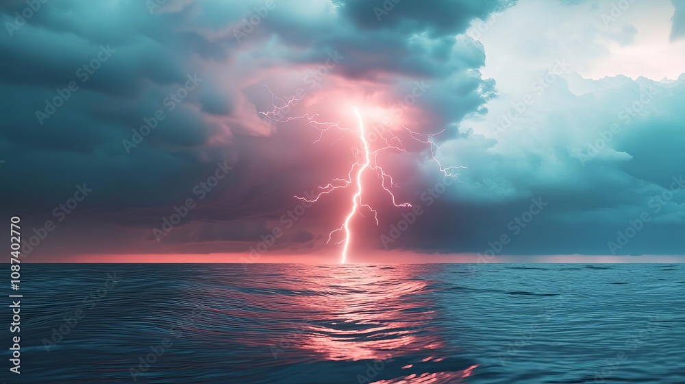 Obraz premium Thunderstorm over ocean, lightning bolt hitting surface, intense visual, 3D illustration