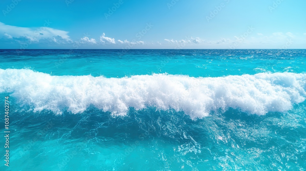 A stunning depiction of a powerful ocean wave meeting the shore under a vivid blue sky, capturing the majesty and energy of the sea with pristine clarity. A stunning depiction of a powerful ocean wave meeting the shore under a vivid blue sky, capturing the majesty and energy of the sea with pristine clarity.
