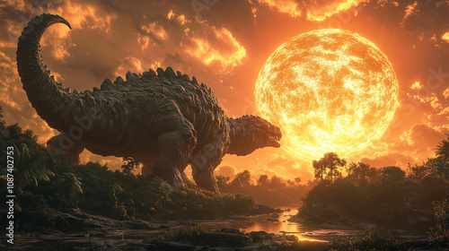 Fototapeta Naklejka Na Ścianę i Meble -  Giant dinosaur stands majestically by a river as the sun sets behind a dramatic sky in a prehistoric jungle landscape. Generative AI