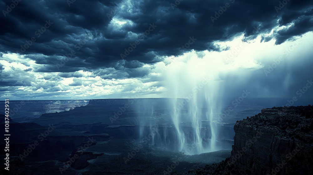 Fototapeta premium Dramatic monsoon rain pours into the Grand Canyon under a dark, brooding sky.