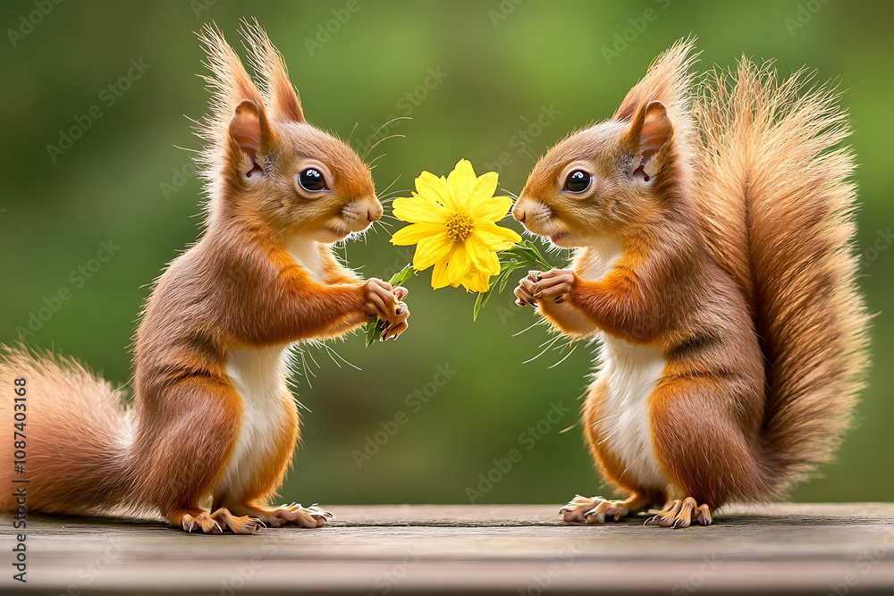 Cute squirrel offering a flower gift to its lover Cute squirrel offering a flower gift to its lover