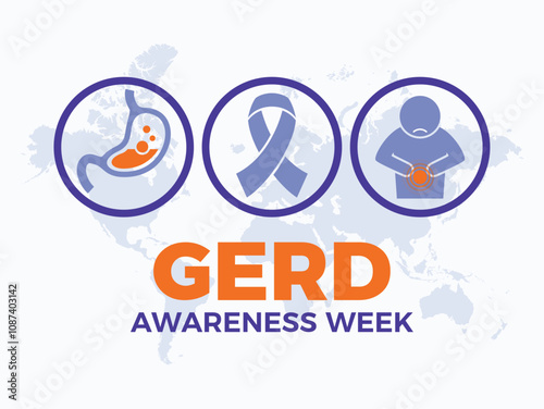 GERD Awareness Week poster vector illustration. Periwinkle awareness ribbon, stomach, pain round icon set vector. Gastroesophageal reflux disease symbol. Template for background, banner, card