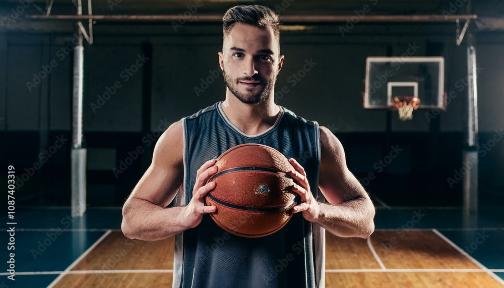 A male basketball player holding a ball in the court, arena A male basketball player holding a ball in the court, arena