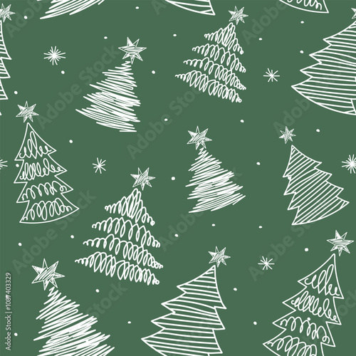 New Year.Cute and beautiful christmas trees seamless pattern, hand drawn doodle sketch and decorated trees - great for textiles, banners, wallpapers, cards - vector surface design. Green background.