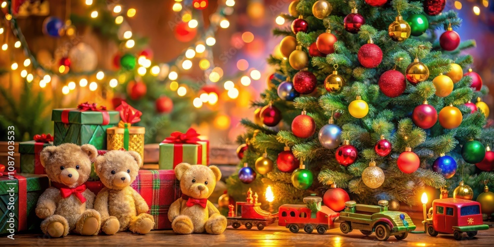 Naklejka premium A whimsical Christmas scene with a beautifully decorated tree, twinkling lights, wrapped presents, and teddy bears enjoying a toy train under the festive glow.