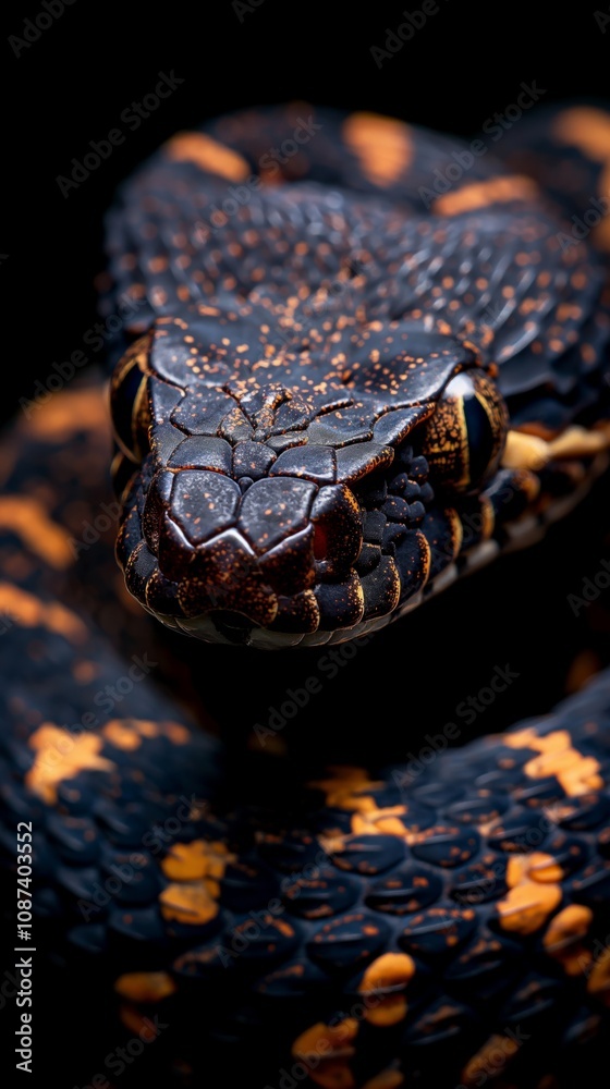 Coiled snake with glossy scales in dramatic close-up highlighting danger and beauty Coiled snake with glossy scales in dramatic close-up highlighting danger and beauty