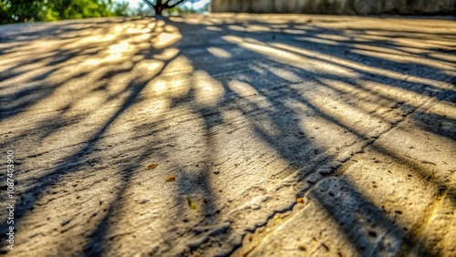 A close-up perspective reveals a textured concrete surface illuminated by the warm glow of sunlight, casting elongated shadows from a nearby tree, creating a visual symphony of light and shade. photo