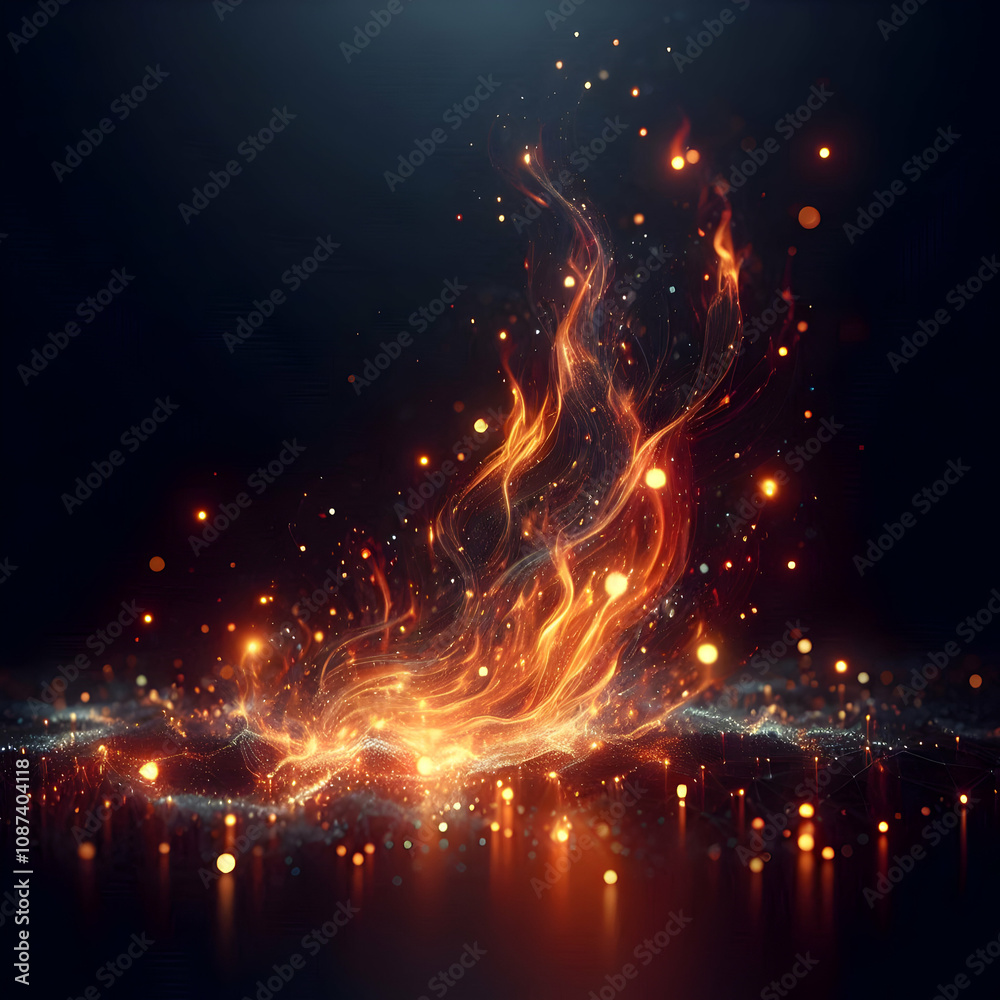 Fototapeta premium Digital glowing ember trails in the dark concept as Soft trails of glowing embers floating in a dark glossy environment evoking calm and wonder. in Photo Stock Concept 