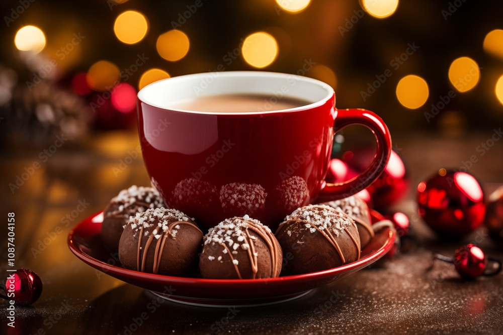 Fototapeta premium cup of hot chocolate with Christmas ornament, holiday atmosphere.