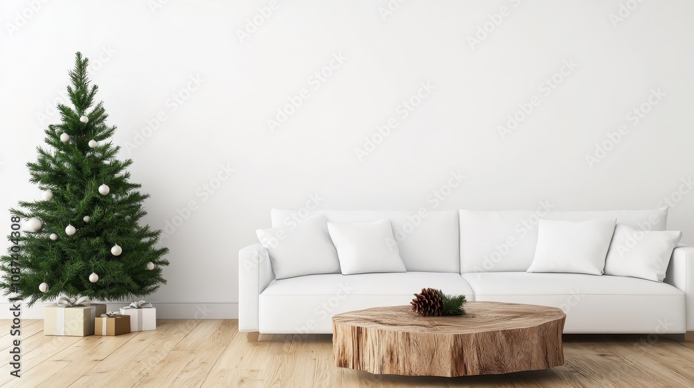 A cozy living room featuring a white sofa and a beautifully decorated Christmas tree, ready for holiday celebrations, exuding warmth and elegance. A cozy living room featuring a white sofa and a beautifully decorated Christmas tree, ready for holiday celebrations, exuding warmth and elegance.