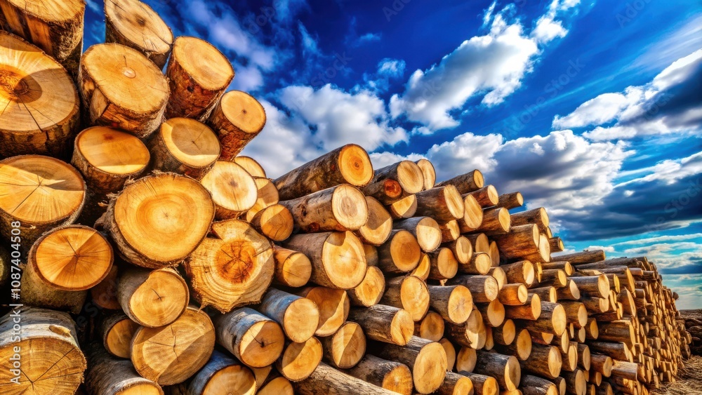 A stack of neatly arranged tree logs arranged in a pyramid against a backdrop of a bright blue sky with fluffy white clouds A stack of neatly arranged tree logs arranged in a pyramid against a backdrop of a bright blue sky with fluffy white clouds